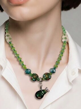 Handmade beaded crystal one of a‎ kind artesian  boho necklace bottle pendant
